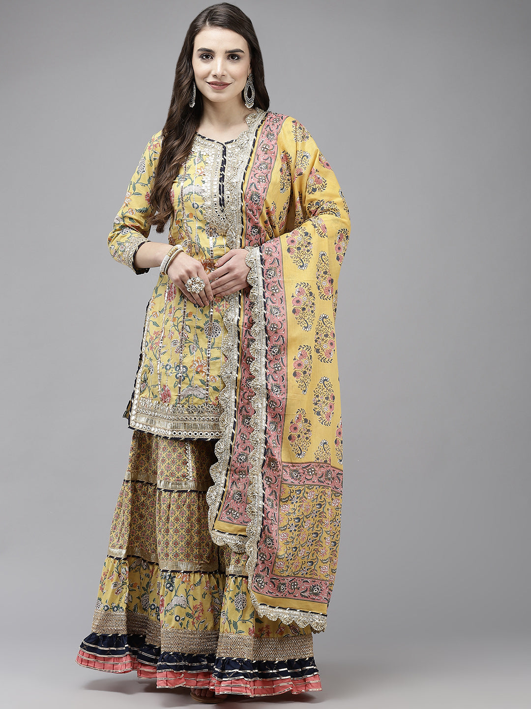 Ishin Women's Cotton Blend Yellow Embroidered A-Line Kurta Sharara Dupatta Set