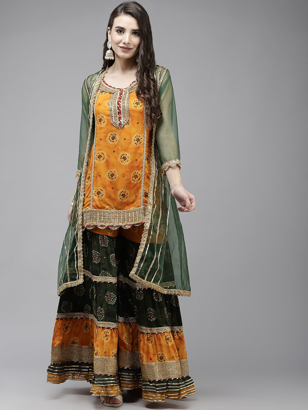 Ishin Women's Mustard & Green Embroidered A-Line Kurta Sharara Set With Jacket