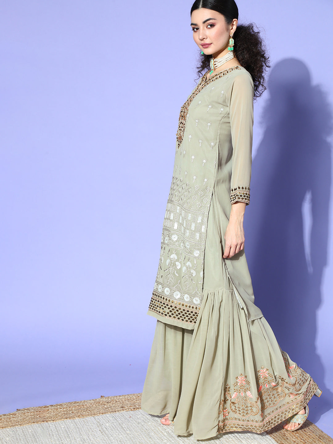 Ishin Women's Georgette Green Embroidered A-Line Kurta Sharara Dupatta Set