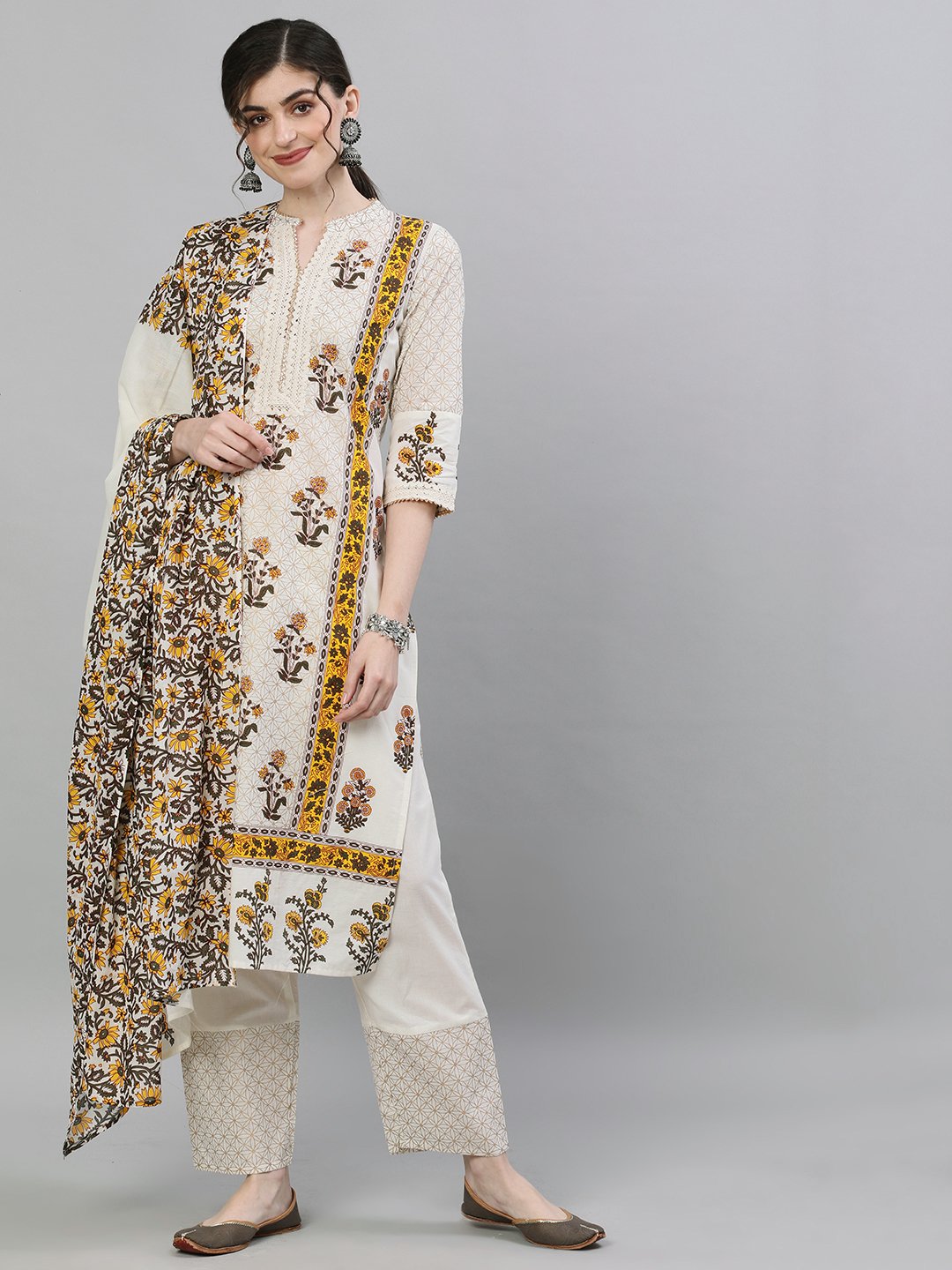 Ishin Women's Cotton Off White Printed Straight Kurta Trouser Dupatta Set