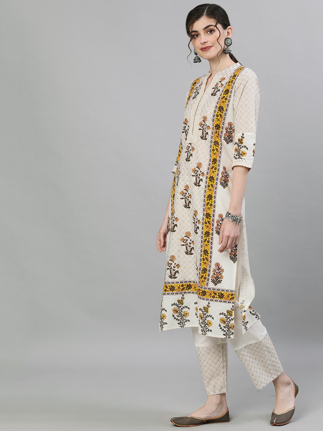 Ishin Women's Cotton Off White Printed Straight Kurta Trouser Dupatta Set