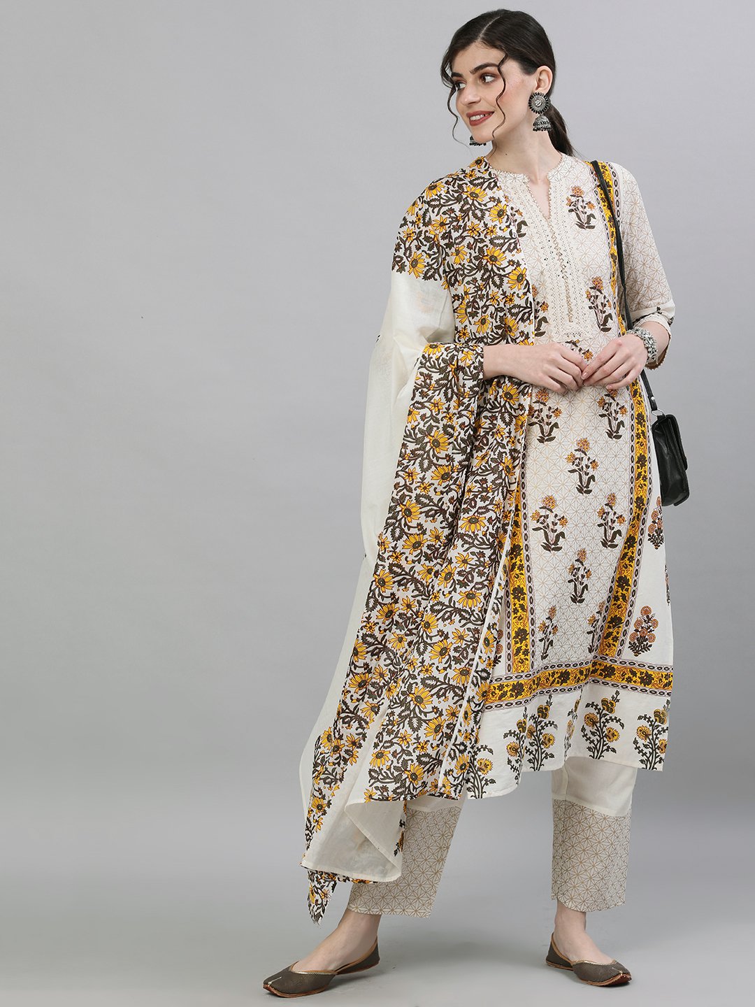 Ishin Women's Cotton Off White Printed Straight Kurta Trouser Dupatta Set