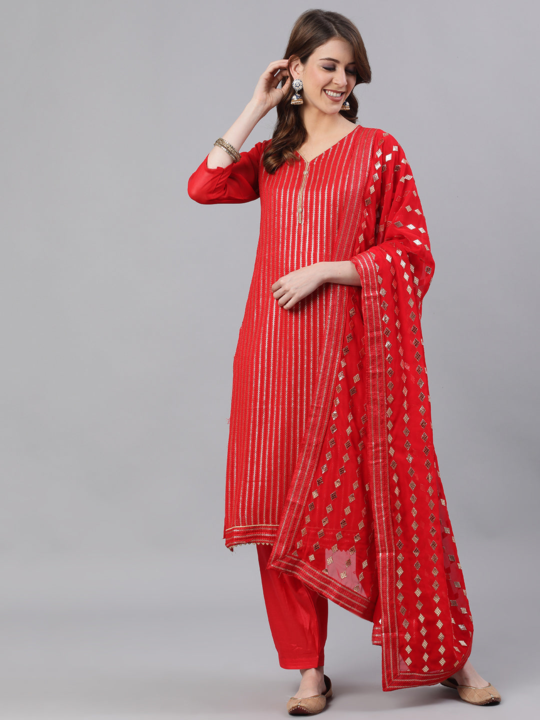 Ishin Womens Red Embroidered A-Line Kurta Salwar Dupatta Set