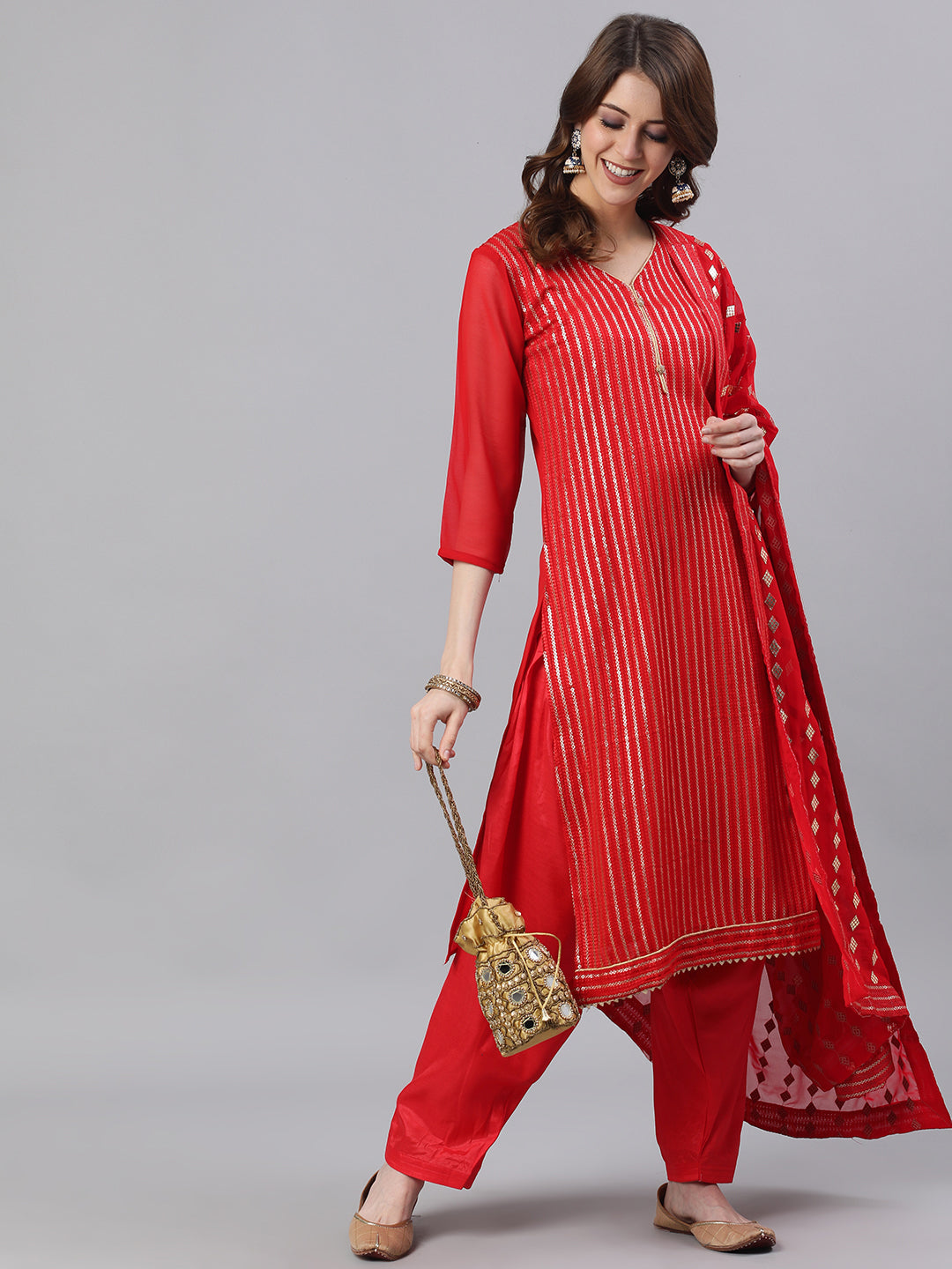 Ishin Womens Red Embroidered A-Line Kurta Salwar Dupatta Set