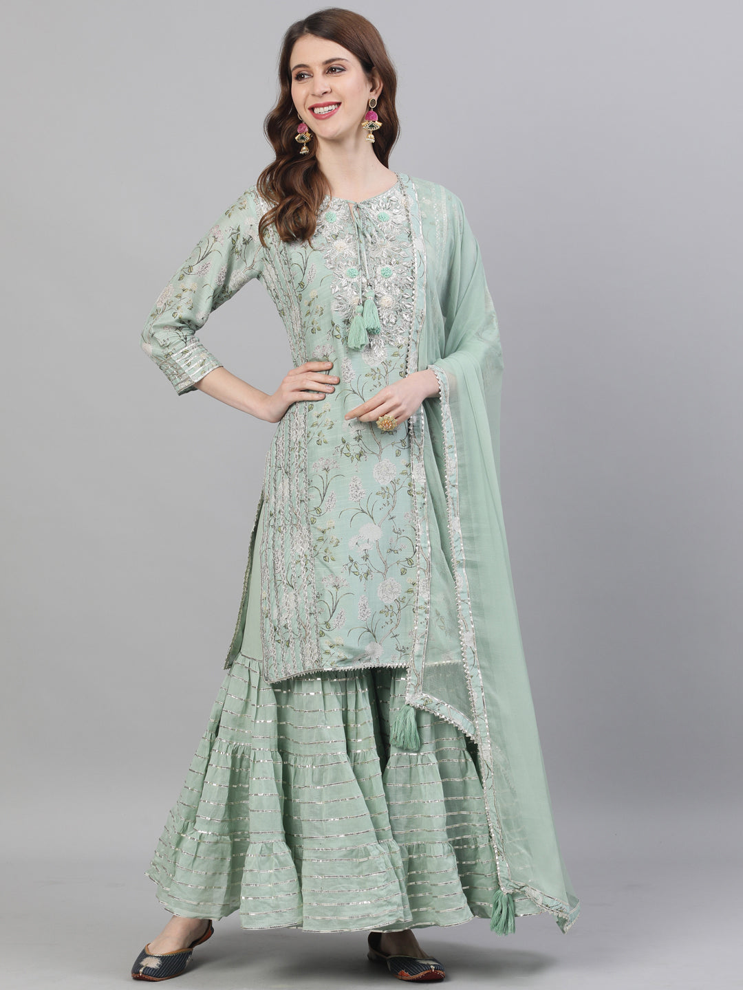 Pista Green Gota Patti Embroidered A-Line Kurta Sharara Dupatta Set