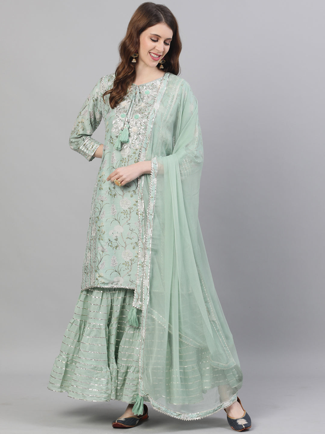 Pista Green Gota Patti Embroidered A-Line Kurta Sharara Dupatta Set