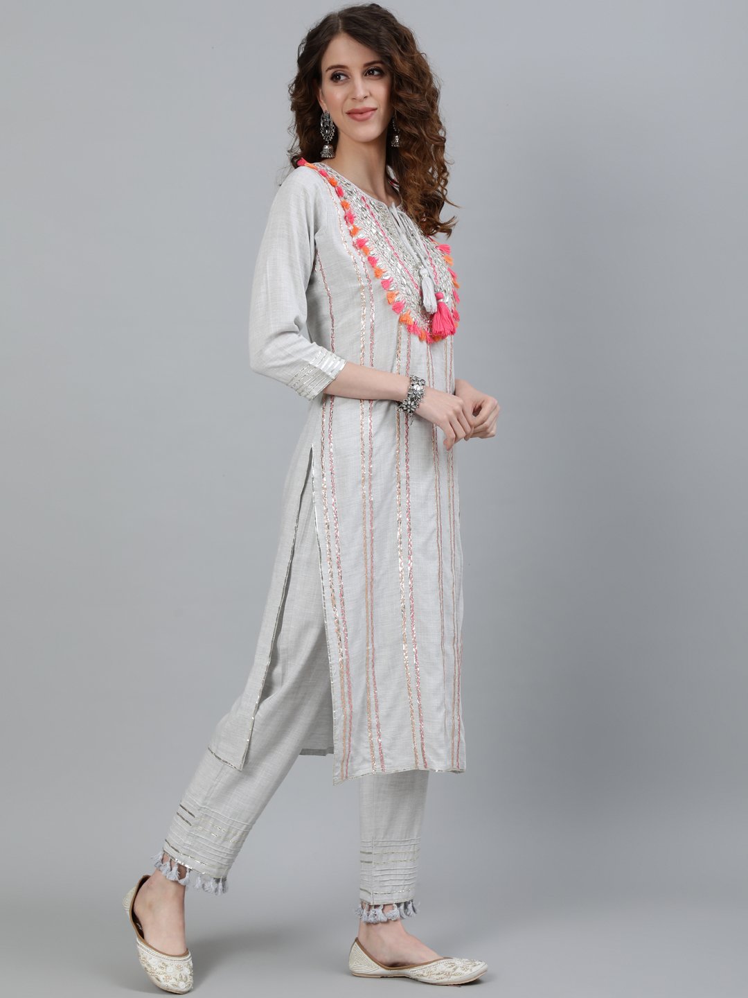 Ishin Women's Grey Embroidered A-Line Kurta With Trouser & Ombre Dupatta