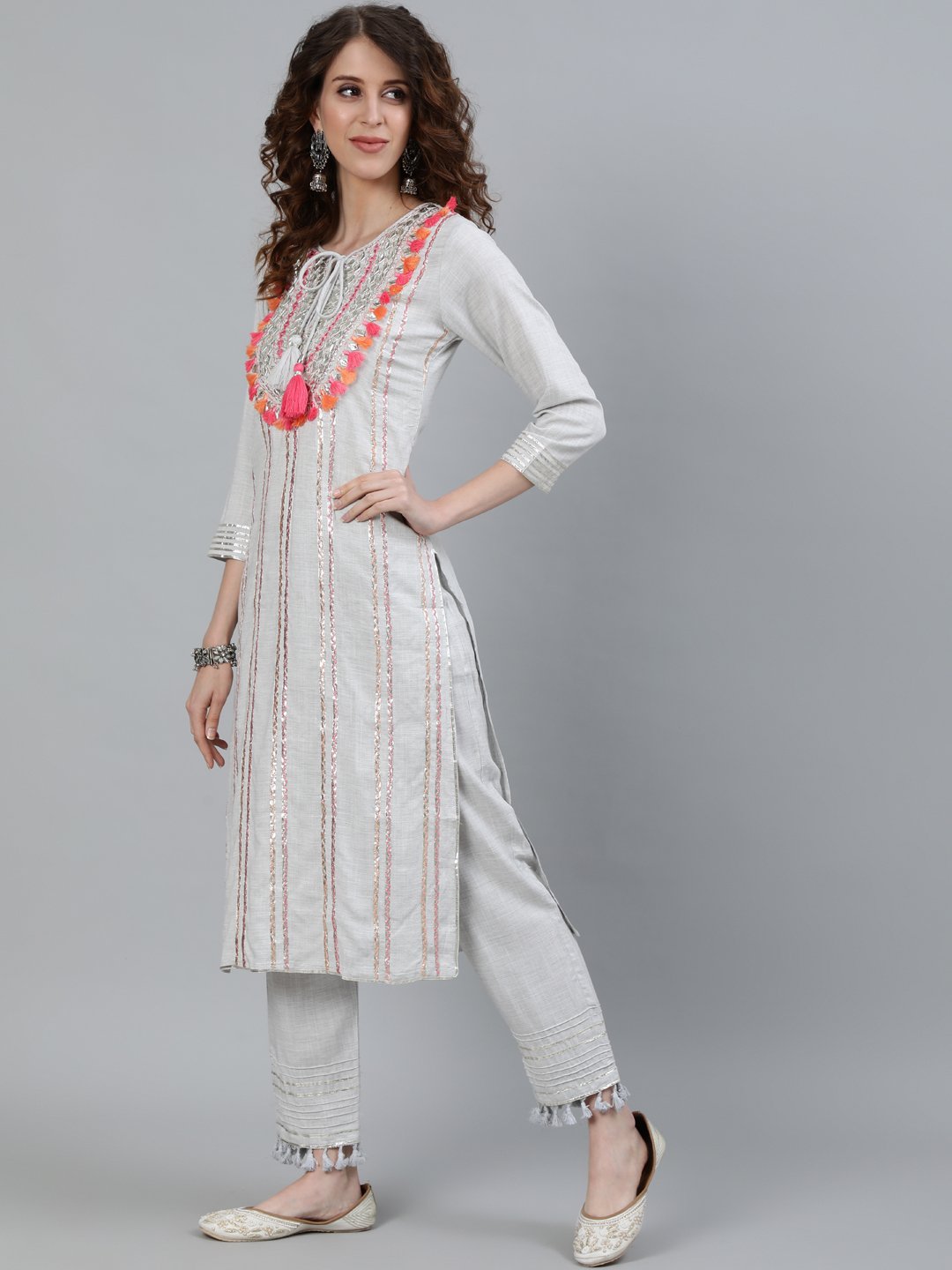 Ishin Women's Grey Embroidered A-Line Kurta With Trouser & Ombre Dupatta