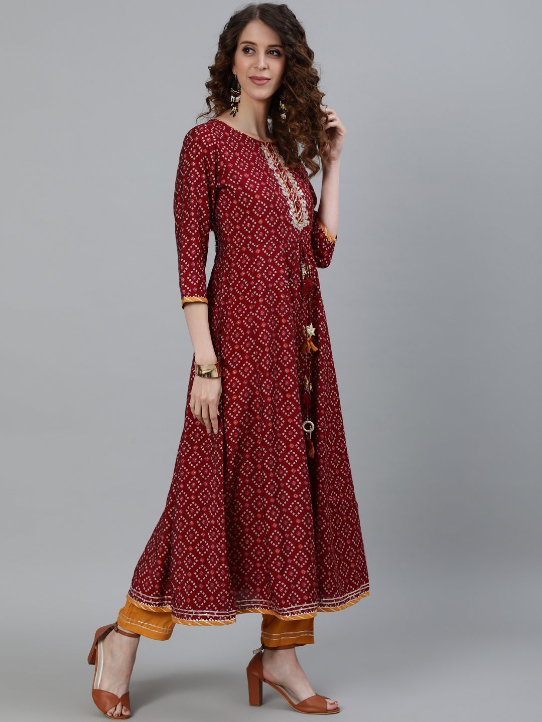 Ishin Women's Maroon Zari Embroidered Anarkali Kurta With Trouser & Dupatta