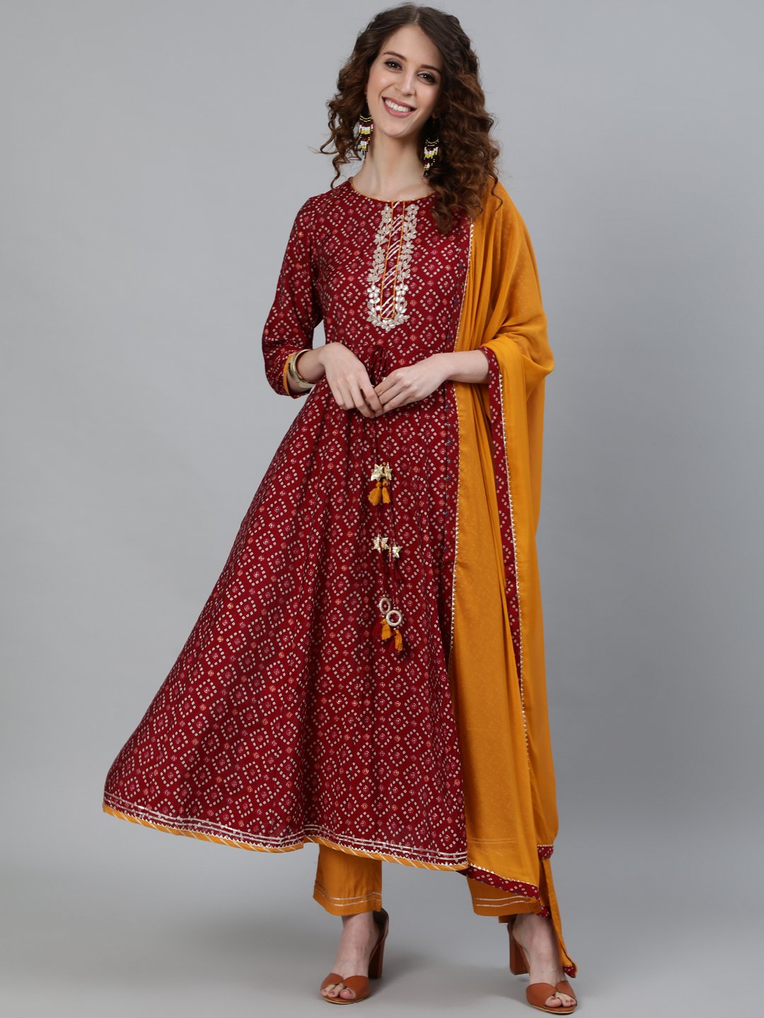 Ishin Women's Maroon Zari Embroidered Anarkali Kurta With Trouser & Dupatta