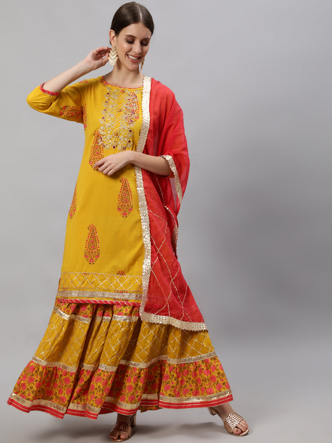 Ishin Women's Mustard Zari Embroidered Short Kurta With Sharara & Dupatta