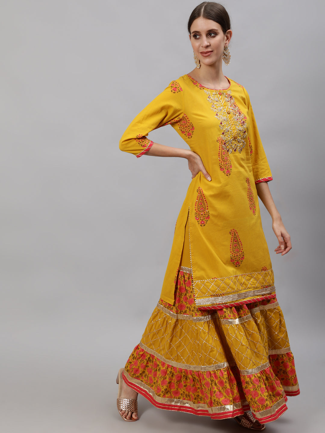 Ishin Women's Mustard Zari Embroidered Short Kurta With Sharara & Dupatta