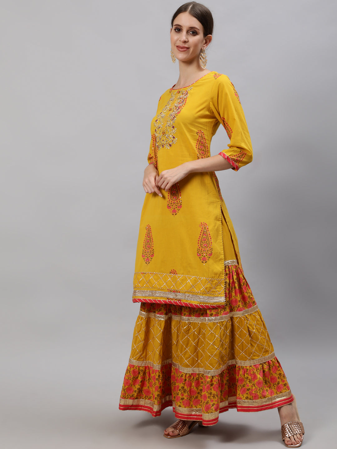 Ishin Women's Mustard Zari Embroidered Short Kurta With Sharara & Dupatta