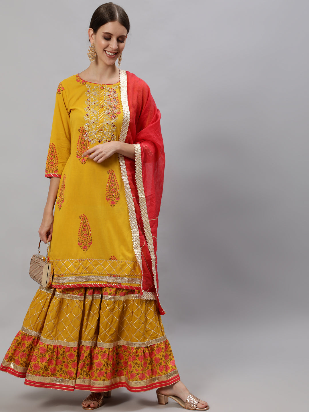 Ishin Women's Mustard Zari Embroidered Short Kurta With Sharara & Dupatta