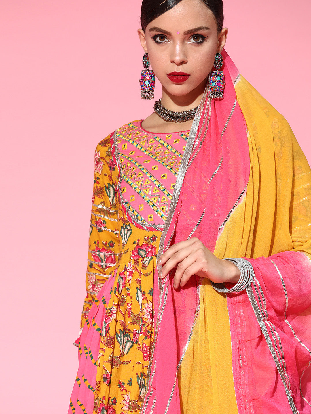 Ishin Women's Cotton Mustard & Pink Embroidered Anarkali Peplum Kurta Sharara Dupatta Set