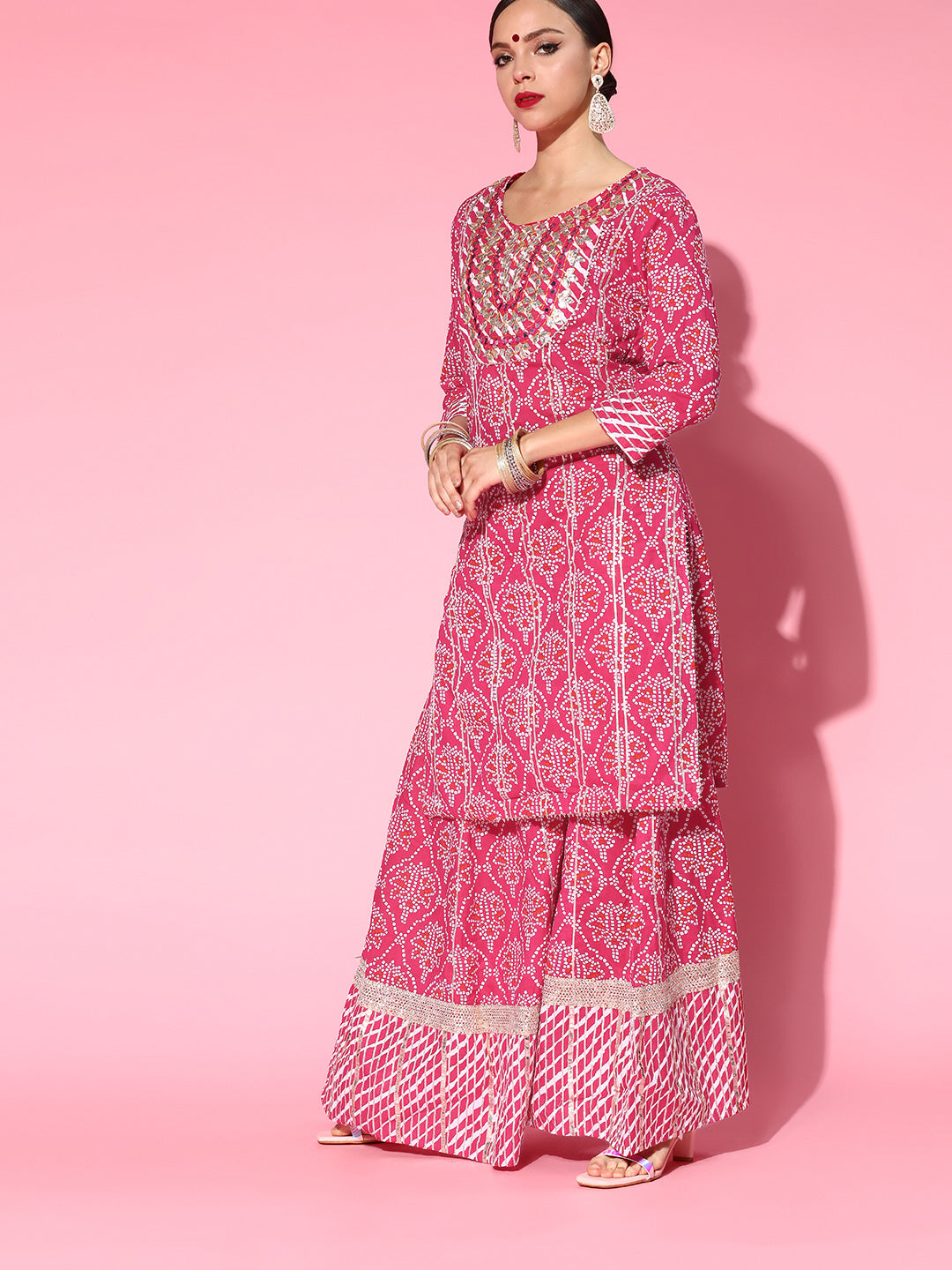 Ishin Women's Cotton Pink Embroidered A-Line Kurta Sharara Dupatta Set