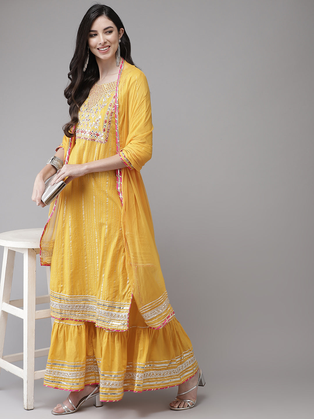 Rich Yellow Gotta Patti Embroidered Kurta Sharara Set with Sheer Dupatta