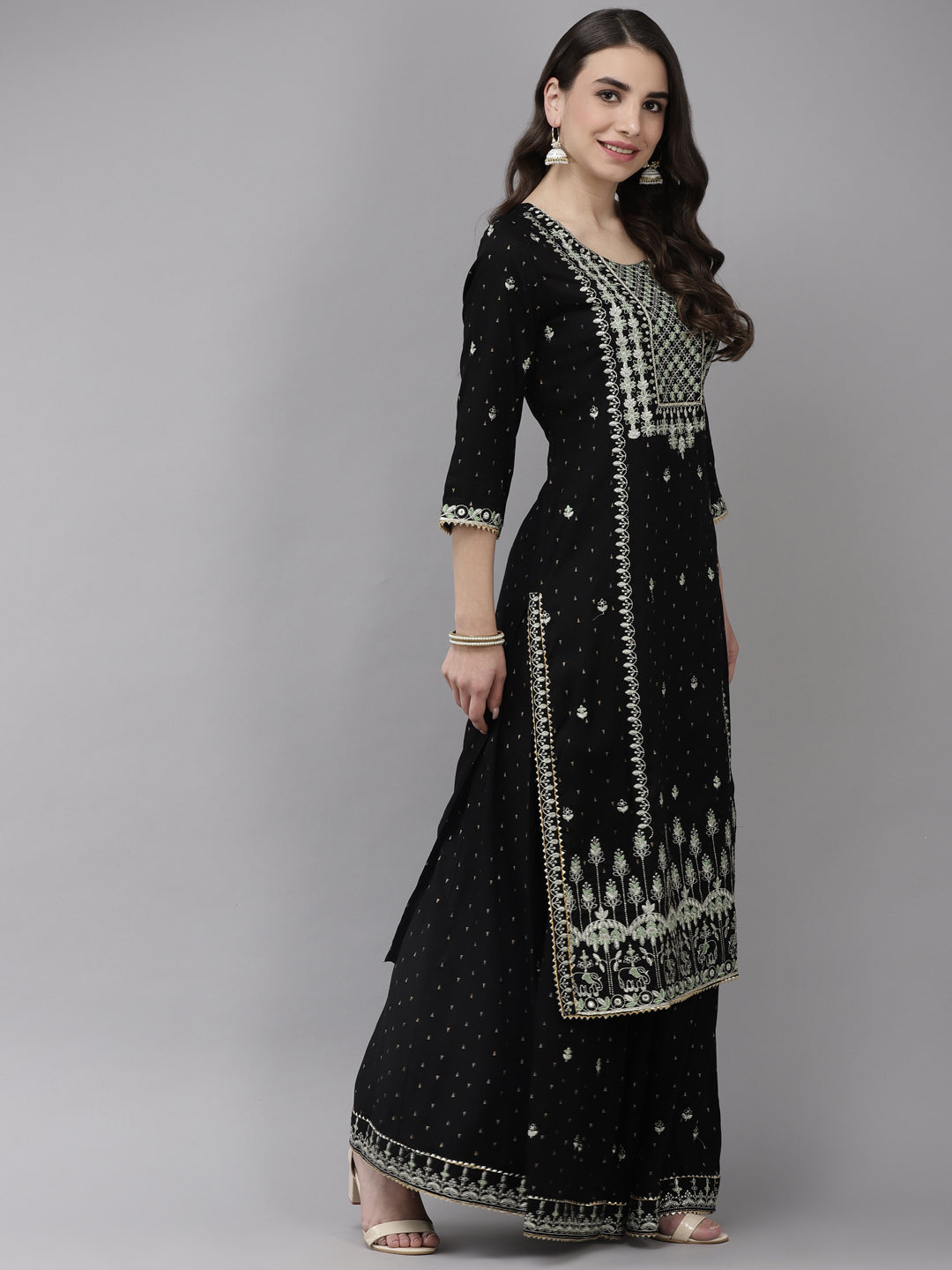 Ishin Women's Rayon Black Embroidered A-Line Kurta Sharara Dupatta Set