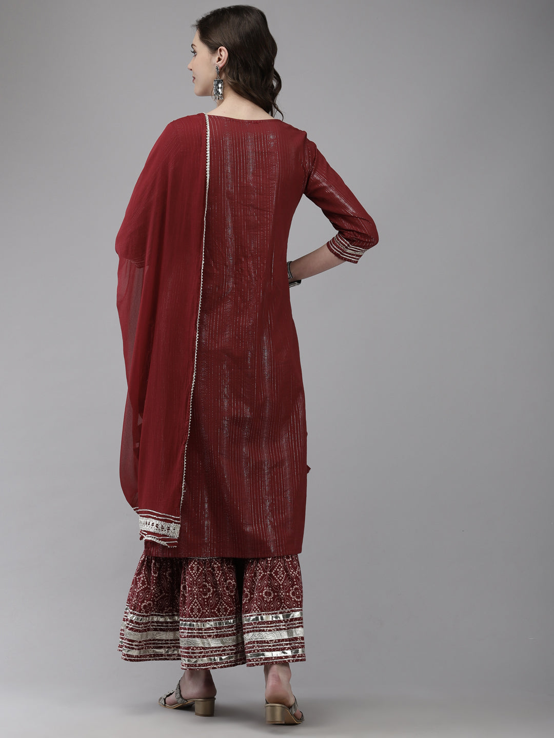 Ishin Women's Maroon Embroidered A-Line Kurta with Sharara & Dupatta