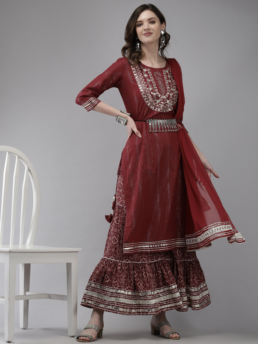 Ishin Women's Maroon Embroidered A-Line Kurta with Sharara & Dupatta