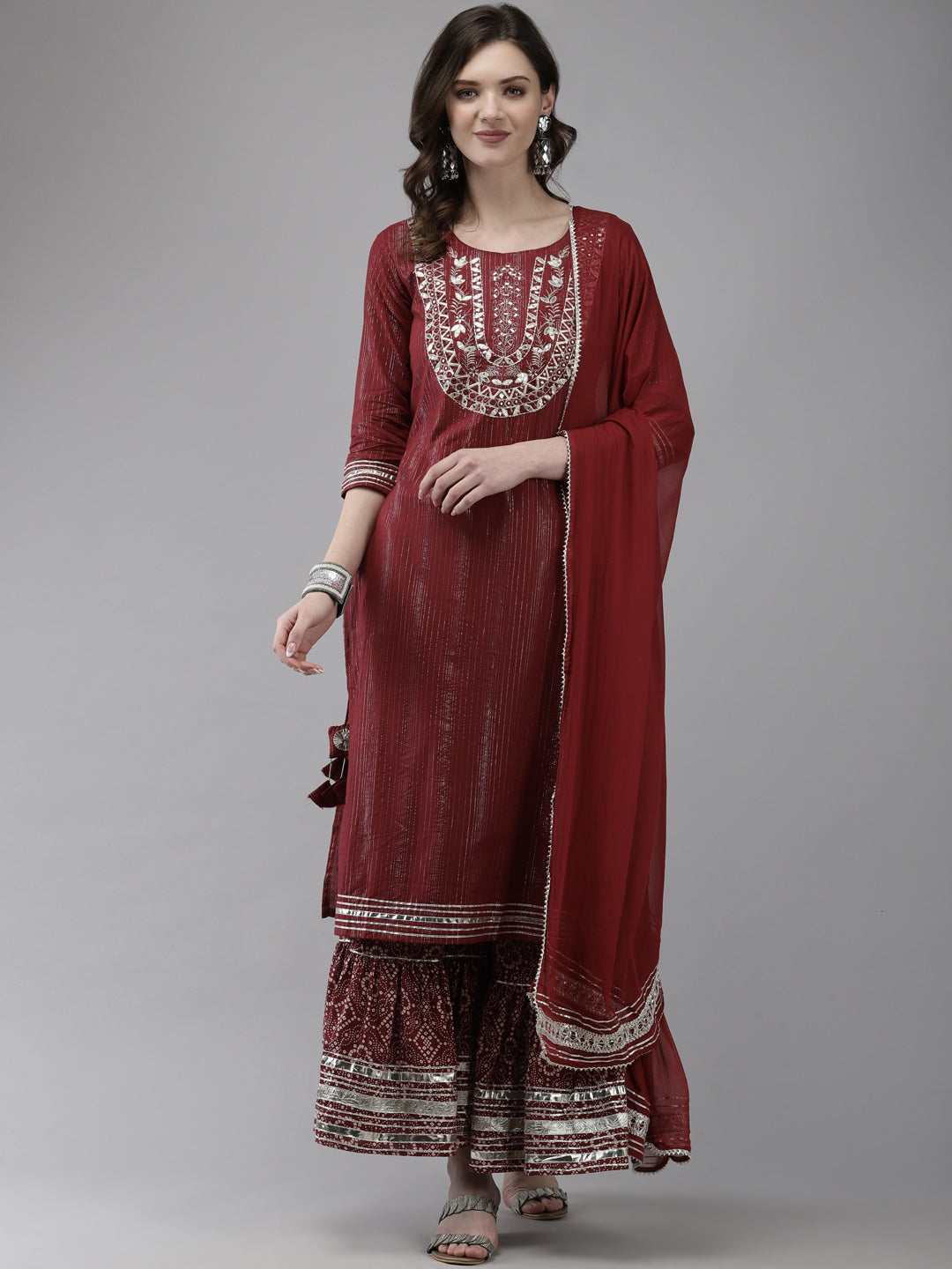 Ishin Women's Maroon Embroidered A-Line Kurta with Sharara & Dupatta