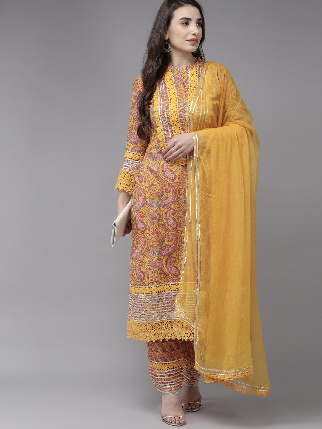 Ishin Women's Cotton Blend Mustard Embroidered A-Line Kurta Trouser Dupatta Set