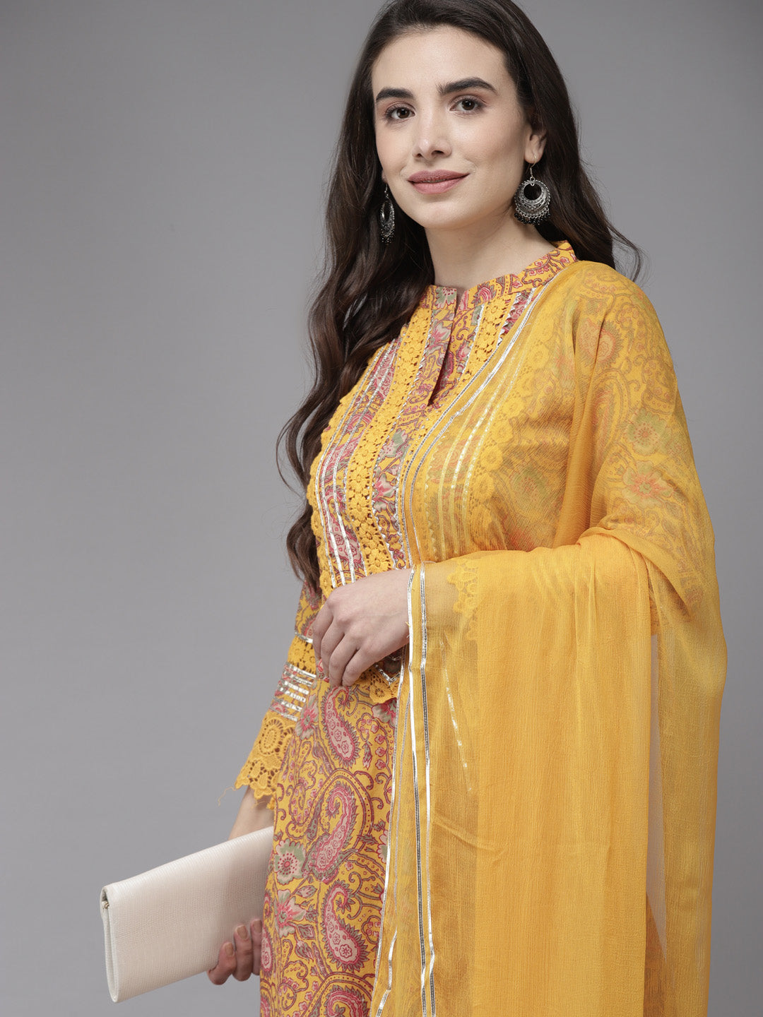 Ishin Women's Cotton Blend Mustard Embroidered A-Line Kurta Trouser Dupatta Set