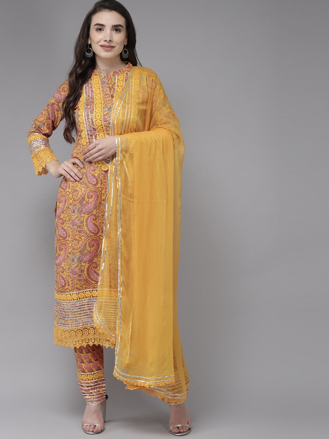 Ishin Women's Cotton Blend Mustard Embroidered A-Line Kurta Trouser Dupatta Set