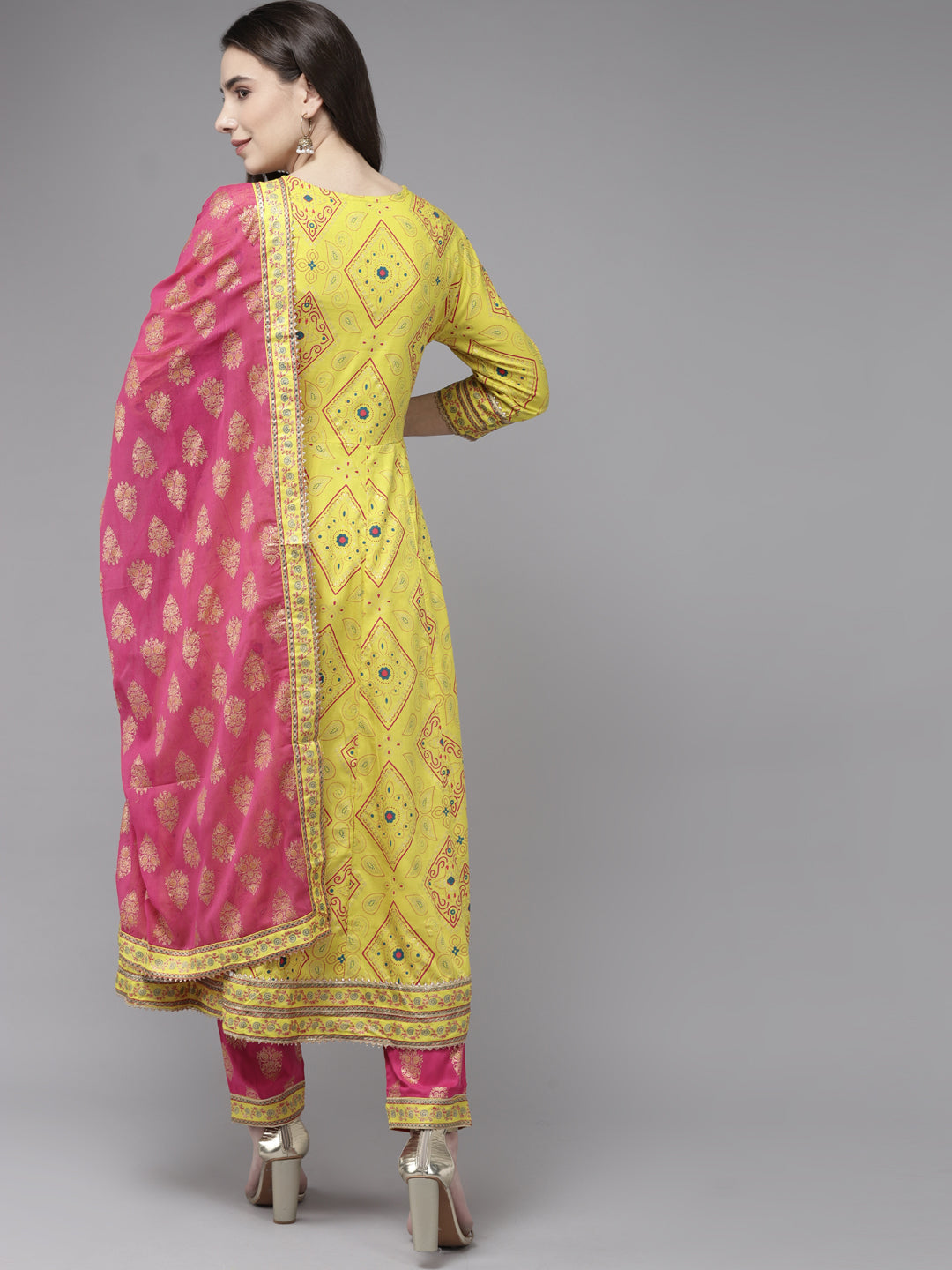 Ishin Women's Yellow & Pink Embroidered Anarkali Kurta Trouser Dupatta Set