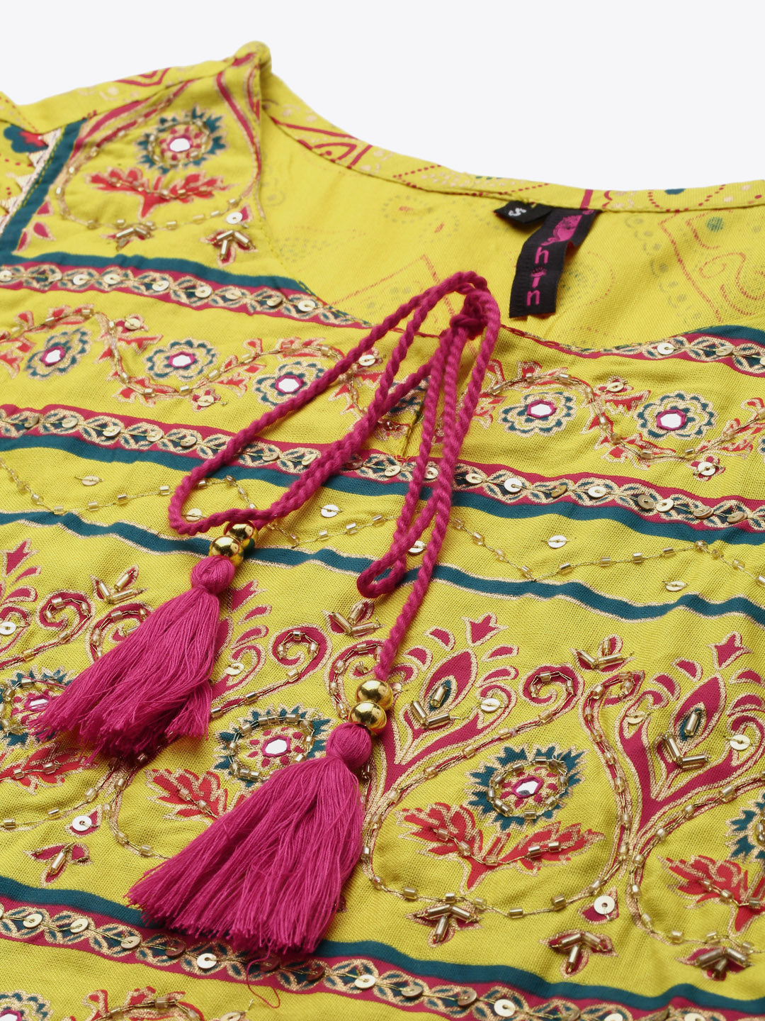 Ishin Women's Yellow & Pink Embroidered Anarkali Kurta Trouser Dupatta Set