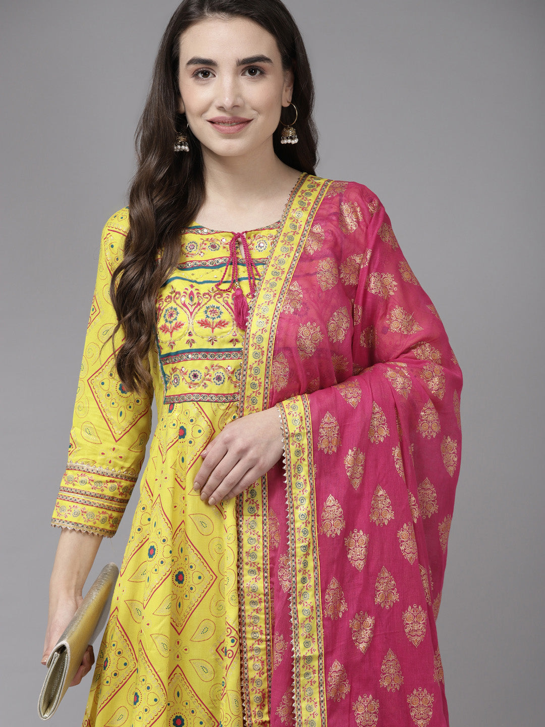 Ishin Women's Yellow & Pink Embroidered Anarkali Kurta Trouser Dupatta Set