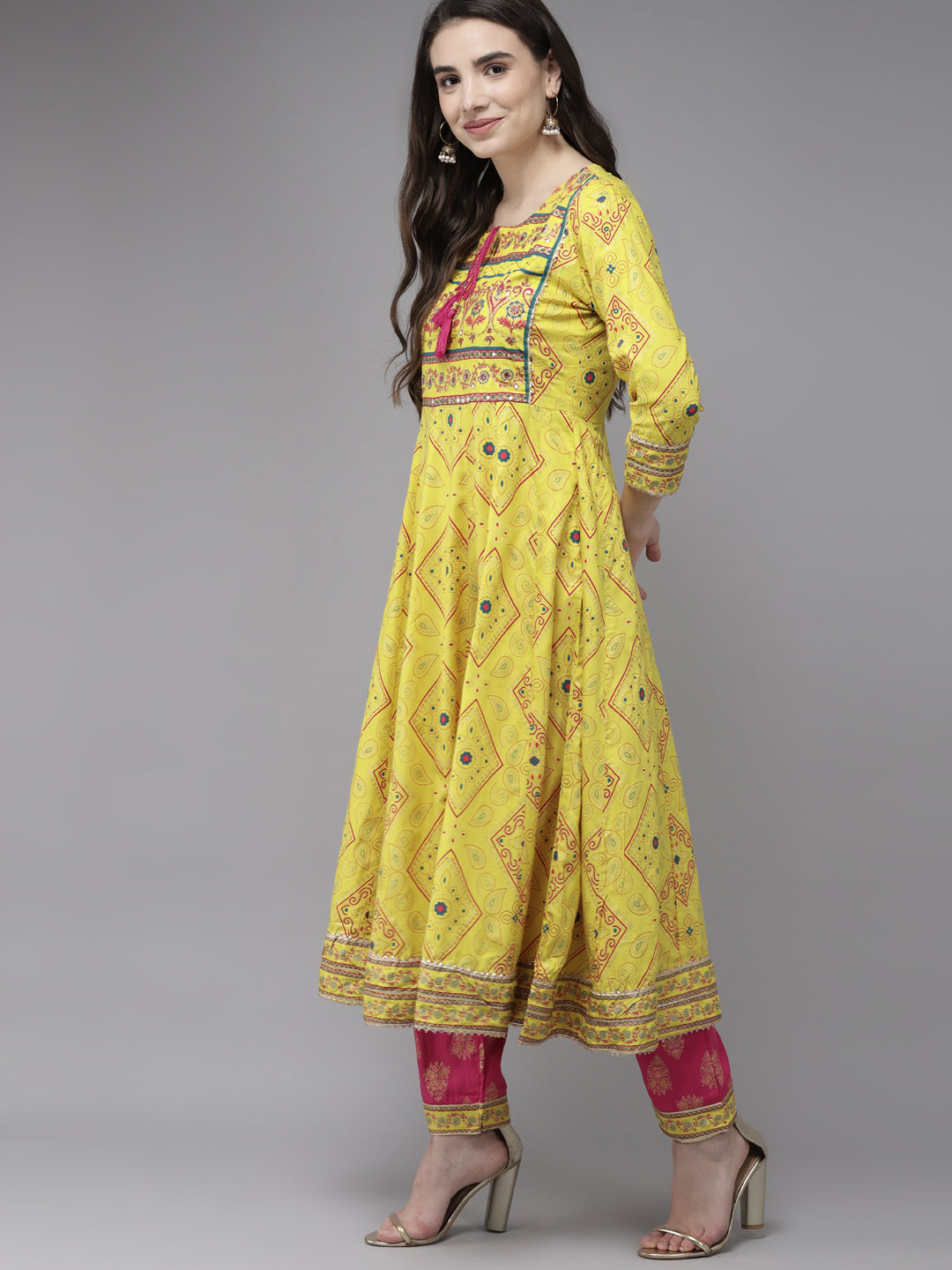 Ishin Women's Yellow & Pink Embroidered Anarkali Kurta Trouser Dupatta Set