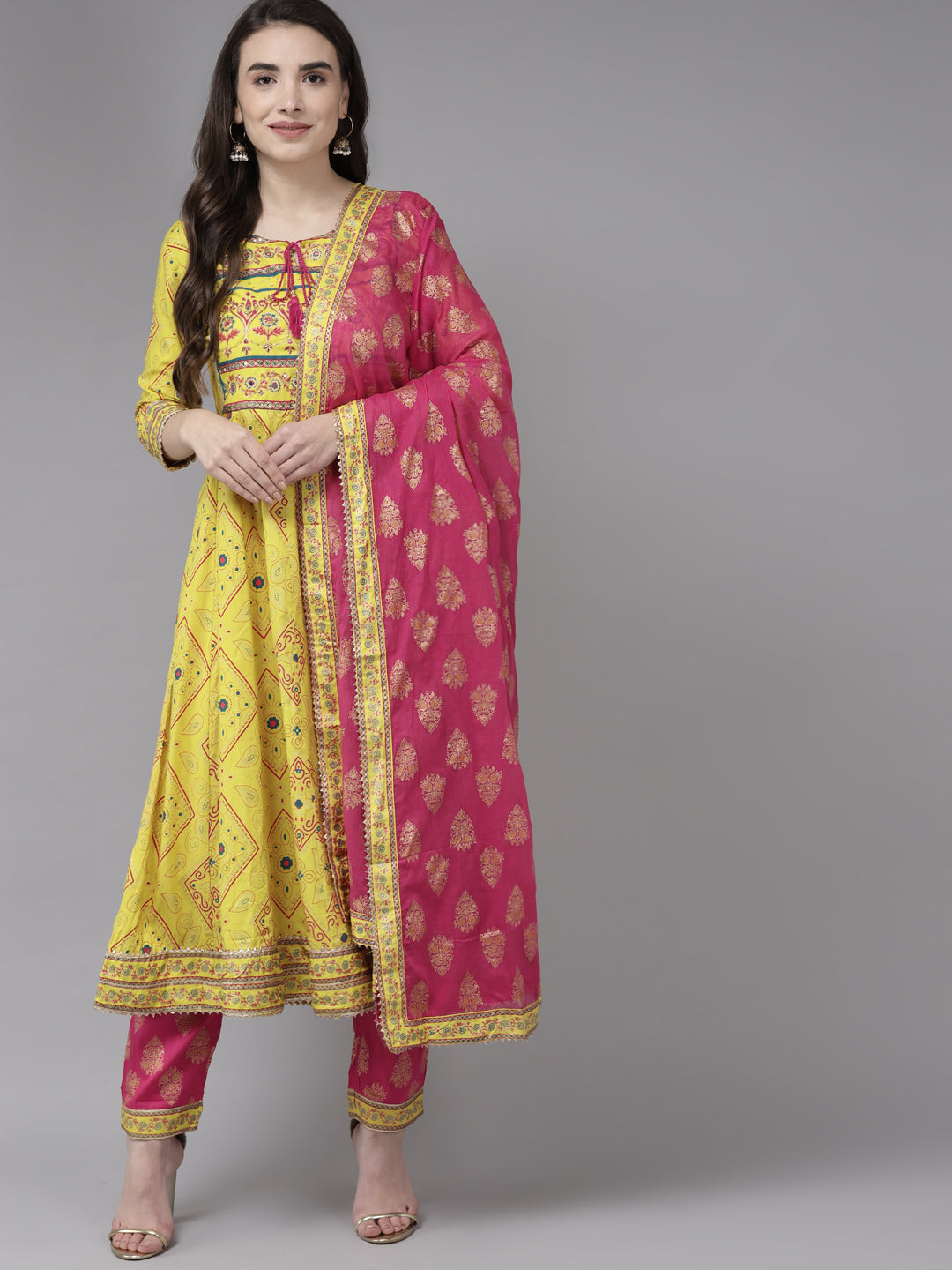 Ishin Women's Yellow & Pink Embroidered Anarkali Kurta Trouser Dupatta Set