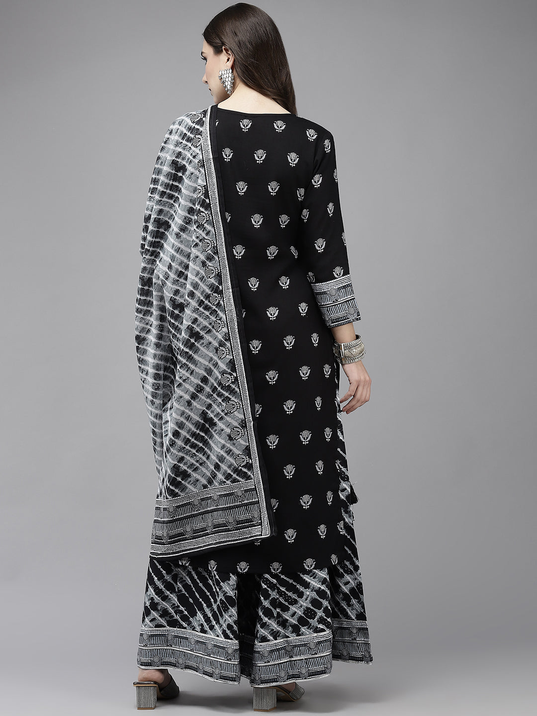 Ishin Women's Black Embroidered A-line Kurta with Sharara & Dupatta