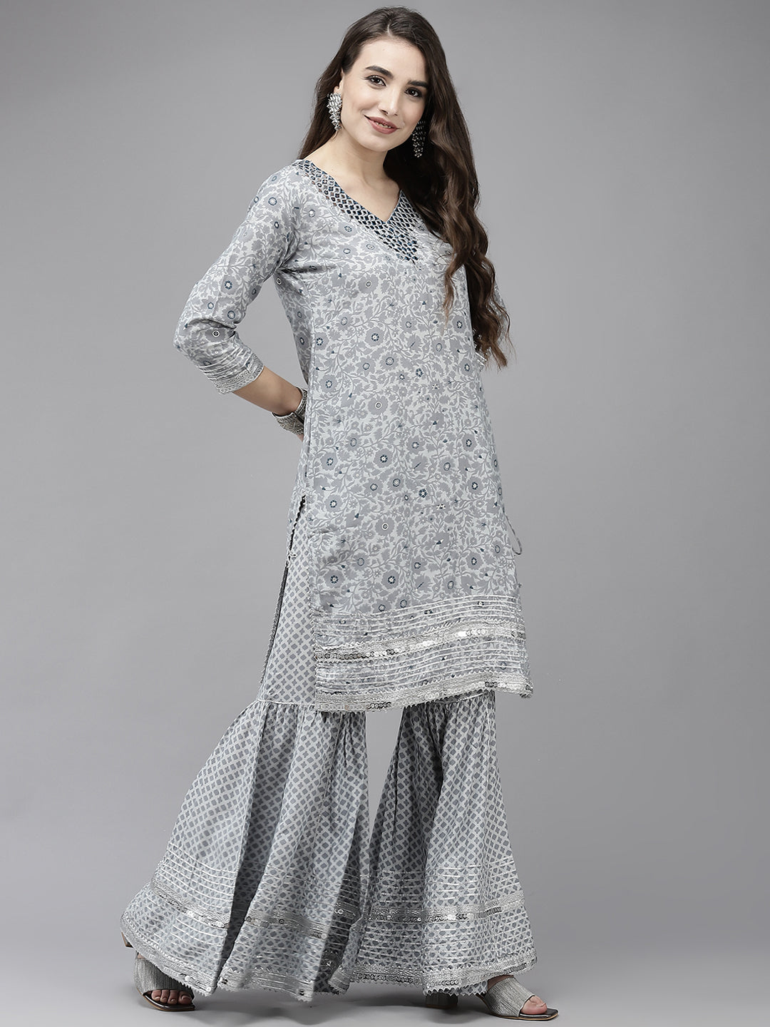 Ishin Women's Silk Blend Grey Embroidered A-Line Kurta Sharara Dupatta Set