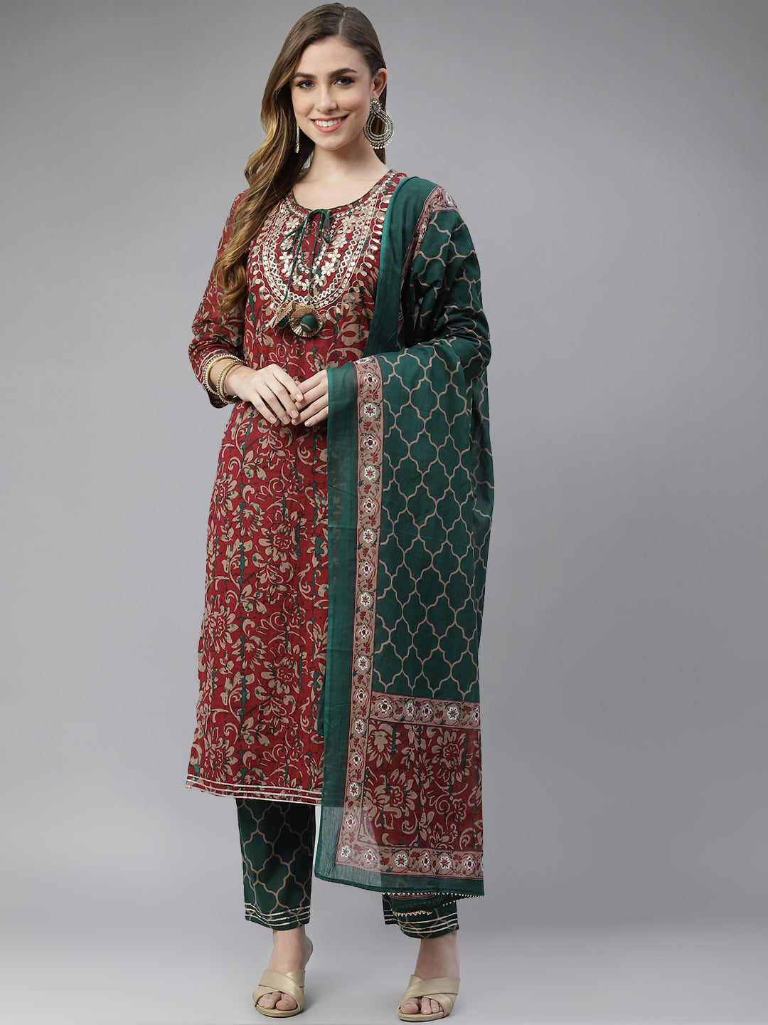 Ishin Women's Maroon & Green Zari Embroidered A-Line Kurta Trouser Dupatta Set