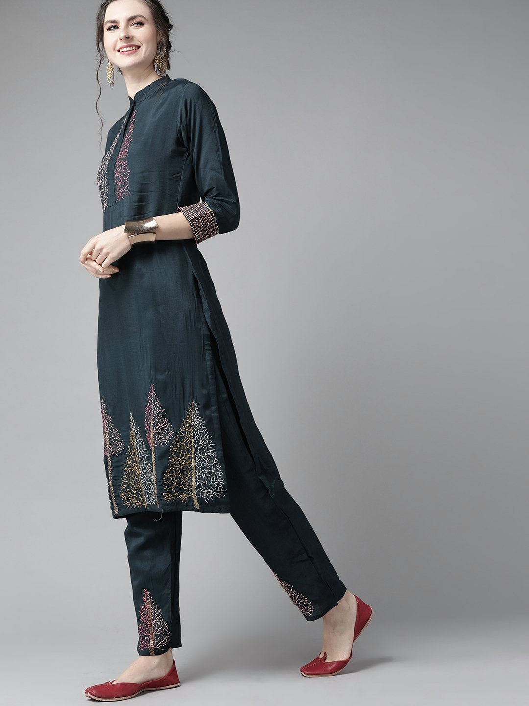 Ishin Women's Navy Blue Embroidered A-Line Kurta Trouser Dupatta Set