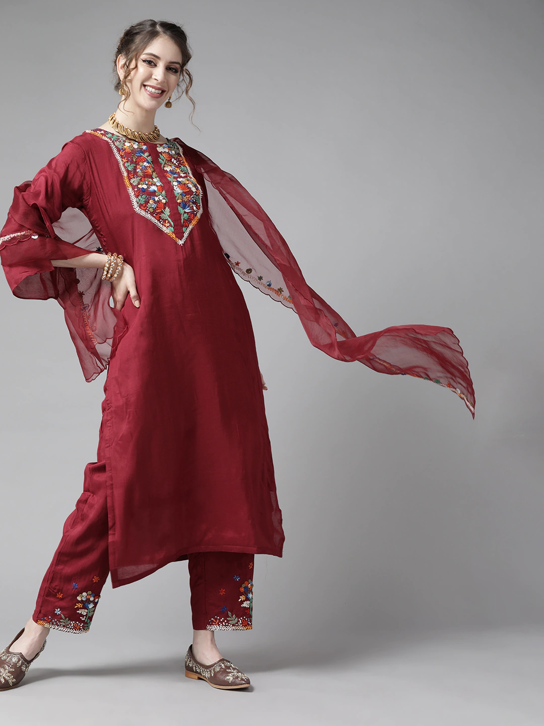 Ishin Women's Maroon Embroidered A-Line Kurta Trouser Dupatta Set