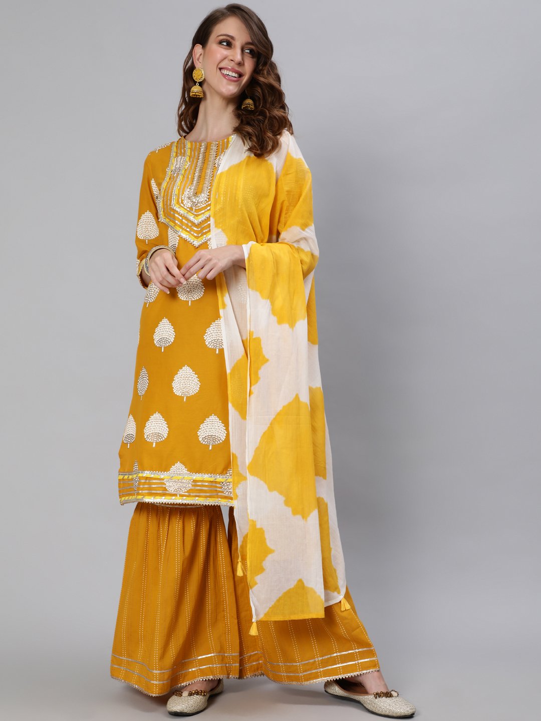 Ishin Women's Cotton Mustard Embroidered A-Line Kurta Sharara Dupatta Set