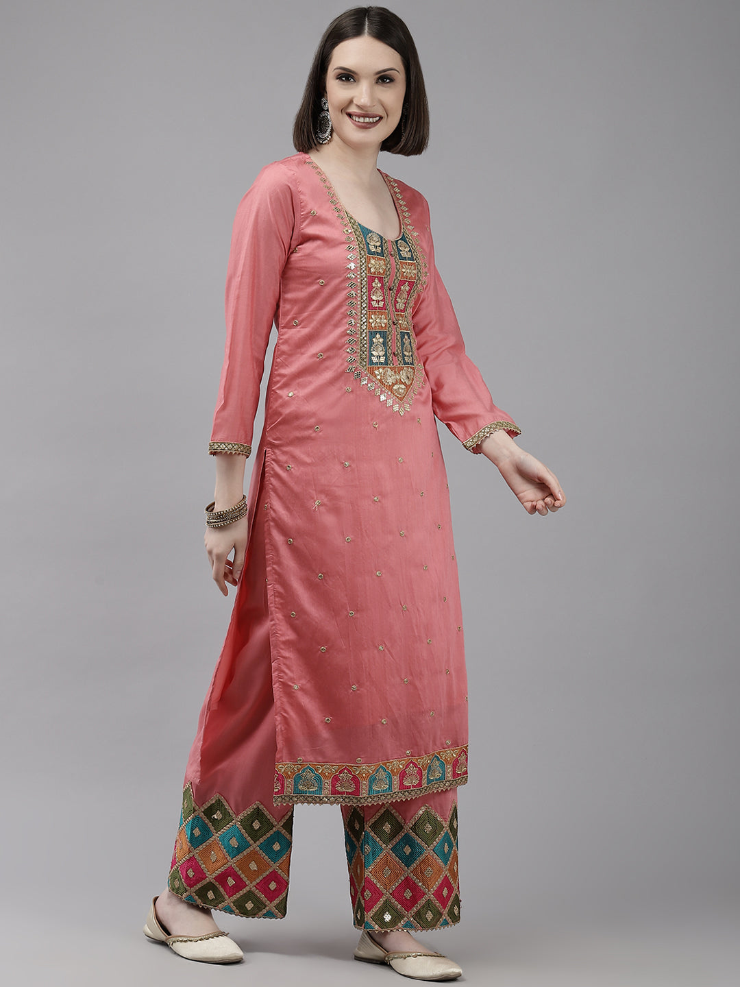 Ishin Women's Pink Embroidered A-line Kurta with Trouser & Dupatta