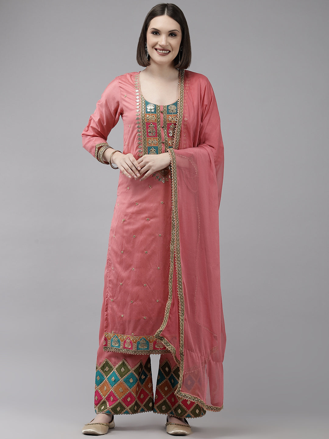 Ishin Women's Pink Embroidered A-line Kurta with Trouser & Dupatta