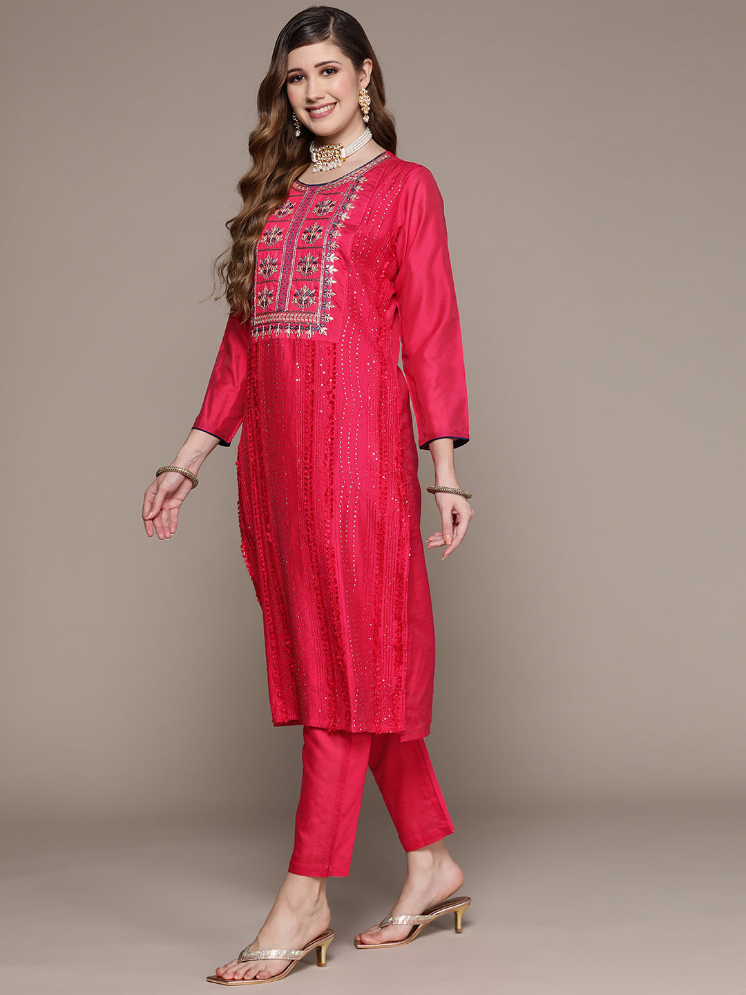 Ishin Women's Pink Embroidered A-Line Kurta with Trouser & Dupatta