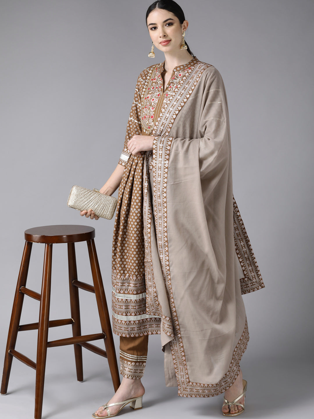 Ishin Women's Cotton Blend Brown Embroidered A-Line Kurta Trouser Dupatta Set