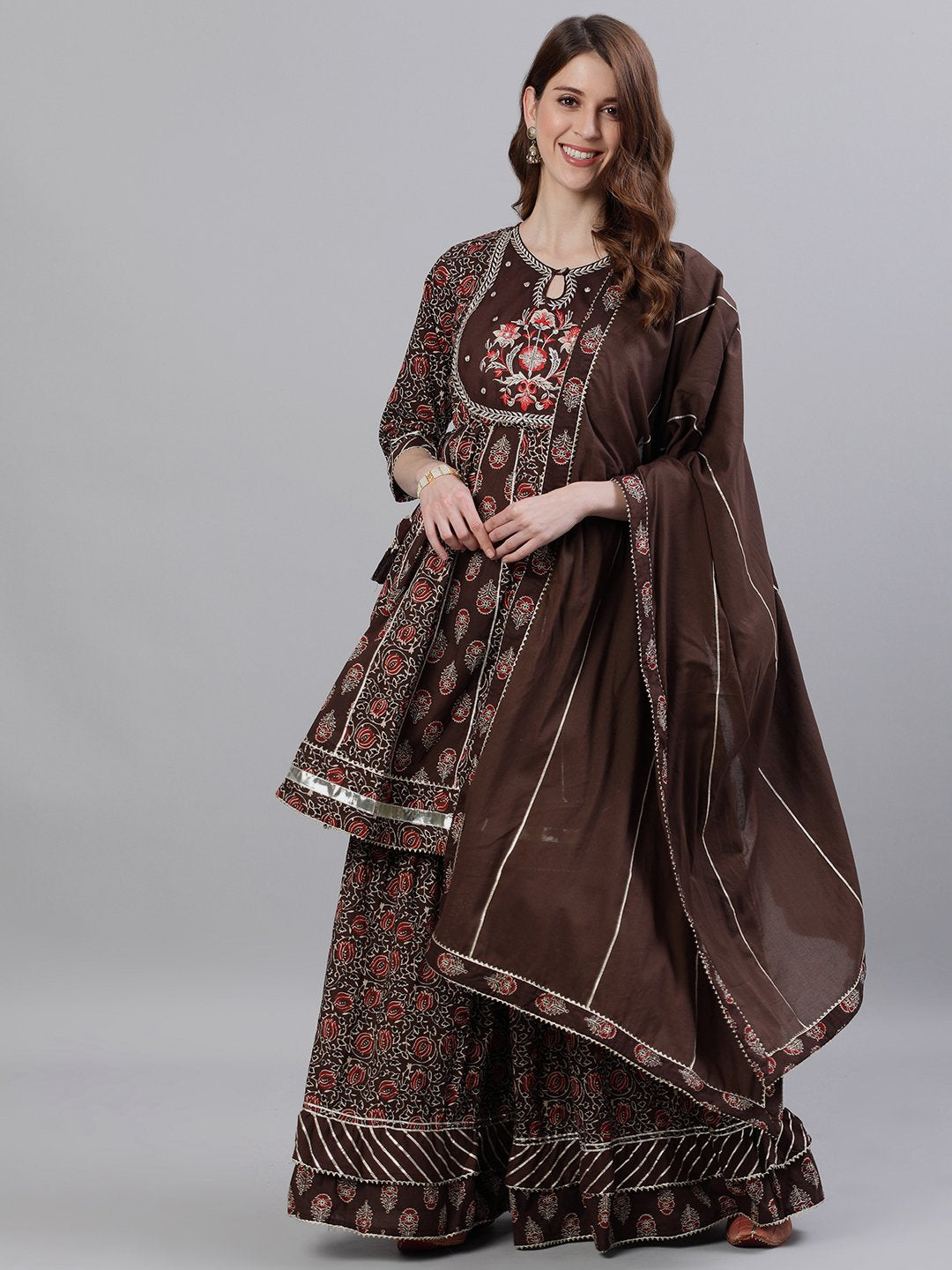 Ishin Women's Cotton Brown Zari Embroidered Peplum Kurta Sharara Dupatta Set