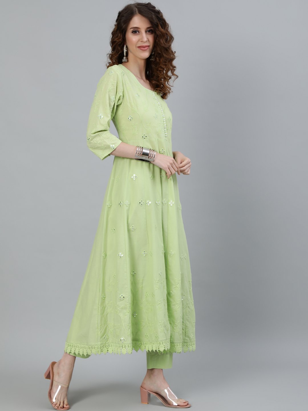 Ishin Women's Green Mirror Embroidered Anarkali Kurta With Trouser & Dupatta