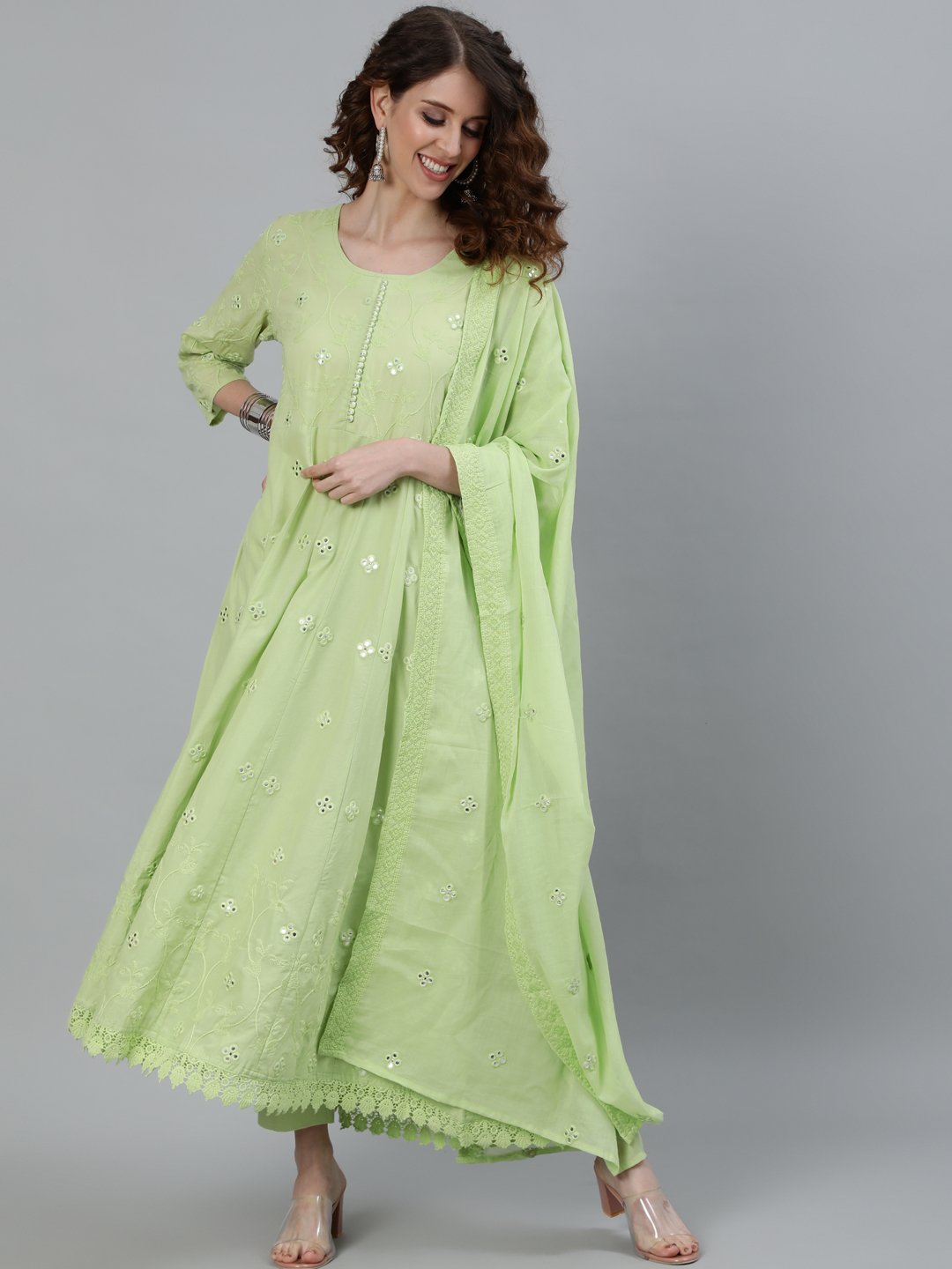 Ishin Women's Green Mirror Embroidered Anarkali Kurta With Trouser & Dupatta