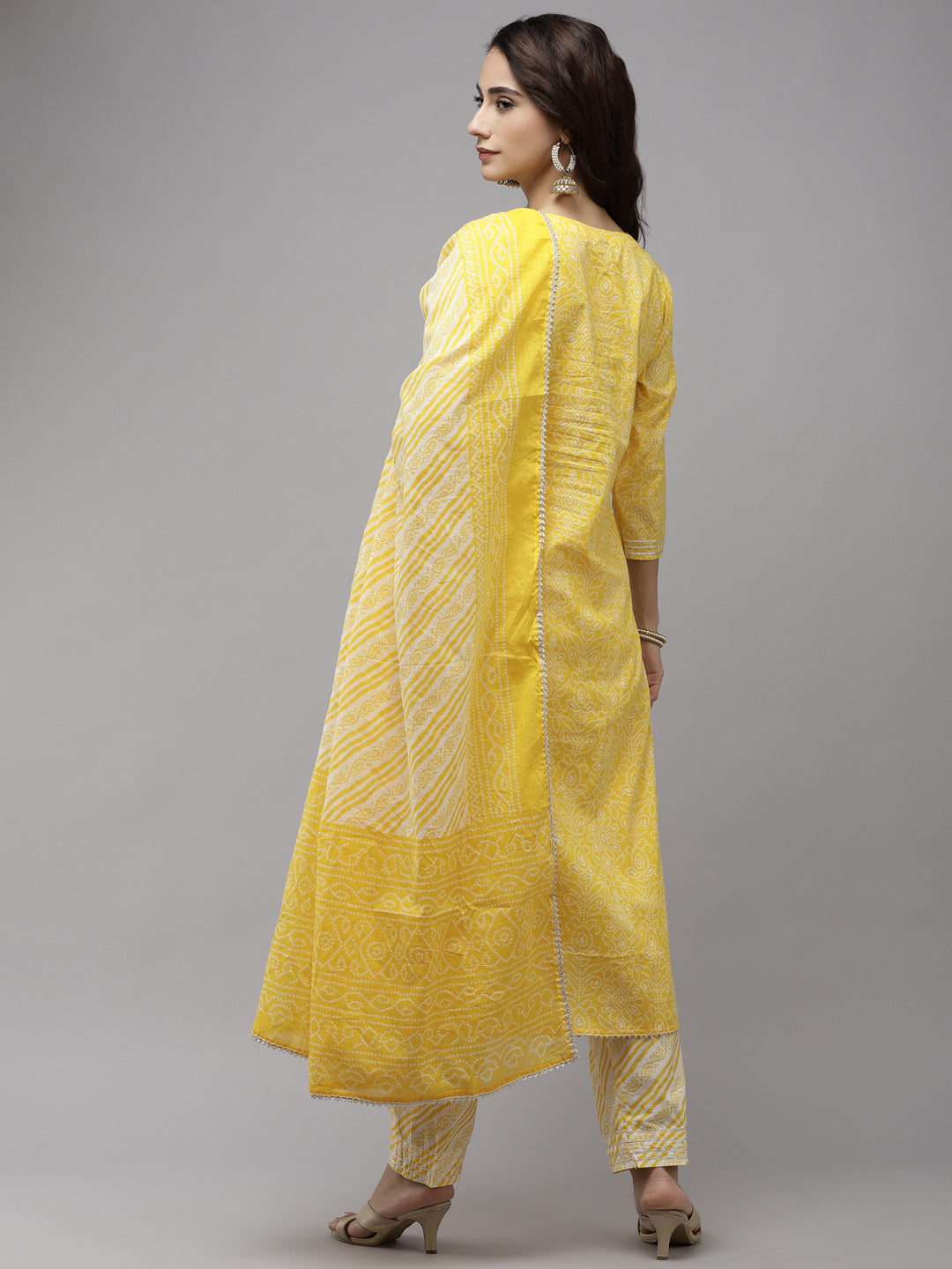 Ishin Women's Cotton Yellow Embroidered A-Line Kurta Trouser Dupatta Set 