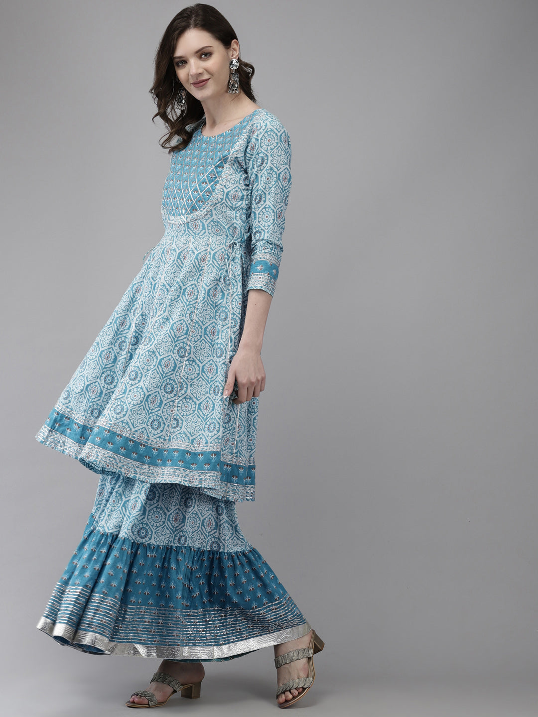 Ishin Women's Blue Embroidered Peplum Kurta with Sharara & Dupatta