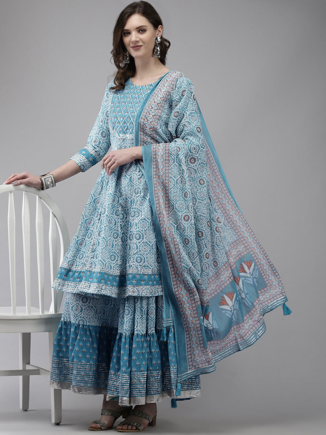 Ishin Women's Blue Embroidered Peplum Kurta with Sharara & Dupatta