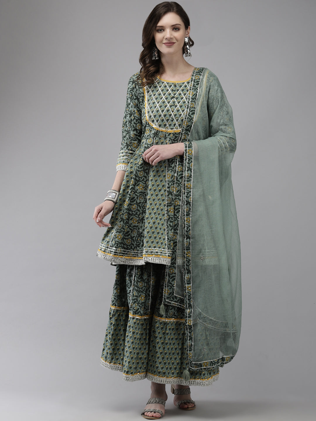 Ishin Women's Green Embroidered Peplum Kurta with Sharara & Dupatta